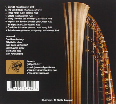 Moraga CD back cover art featuring a harp and track listing, list of performers, label credits, and barcode.