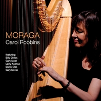 Moraga cd cover featuring carol robbins playing her harp.