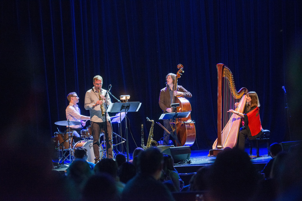 Carol Robbins quartet on stage at Lyon & Healy's 150th Birthday Celebration at Park West in Chicago.