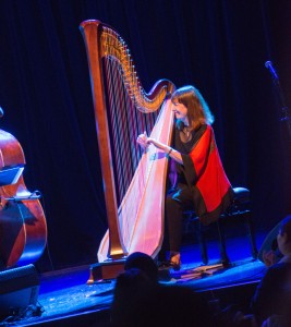 Carol Robbins harp solo on stage at Lyon & Healy's 150th Birthday Celebration at Park West in Chicago.