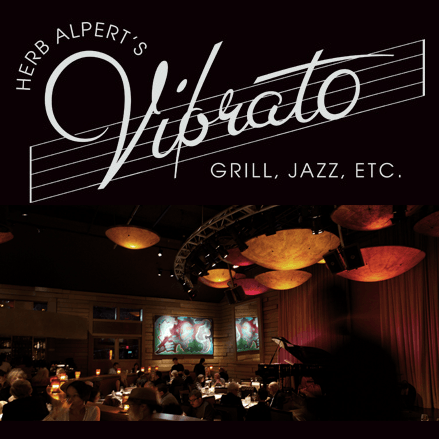 Text: Herb Alpert’s Vibrato: Grill, Jazz, Etc. with photo of warm softly lit supper club interior.