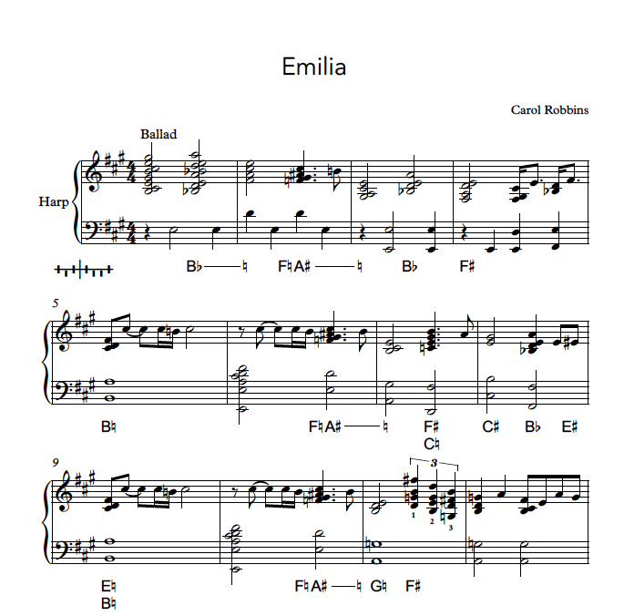 Music composition sheet music for "emilia" by carol robbins.